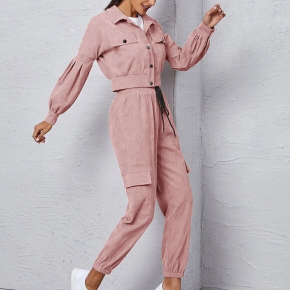Dusty Pink Boho Womens Corduroy Flap Detail Jacket With Tie Front Cargo Pants - Picture 4 of 5